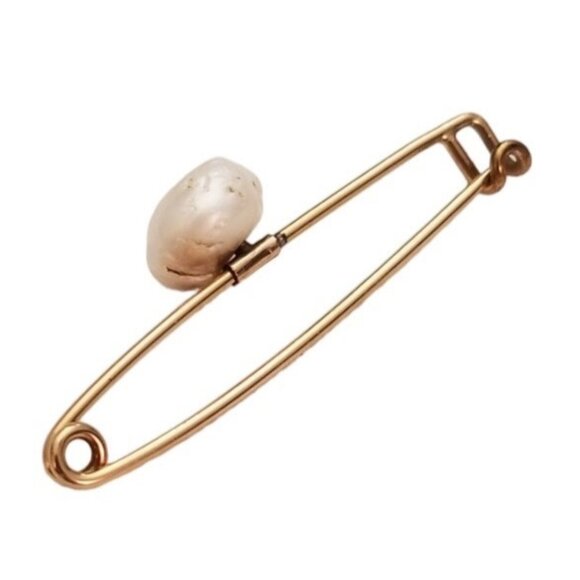 Gold Tone Baroque Chunky Pearl Safety Pin Brooch L59 - Picture 2 of 9
